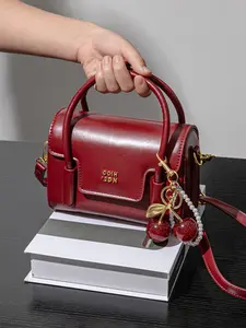 Exquisite style retro texture hand-held flip bag, Handbag shoulder bag, light luxury, Fashionable Handbag, versatile single shoulder crossbody bag, with pearl and cherry pendant decoration design, can accommodate mobile phones and lipstick, Handheld bag