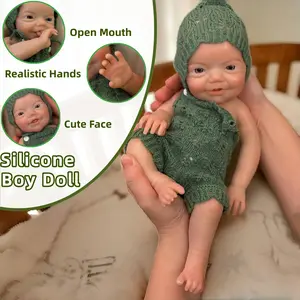 13 Inch Open Mouth Charlie Full Silicone Reborn Boy Doll With Painted Bald Clear Veins Dress In Green Outfits Washable Flexible Newborn Doll Christmas Gifts For Children