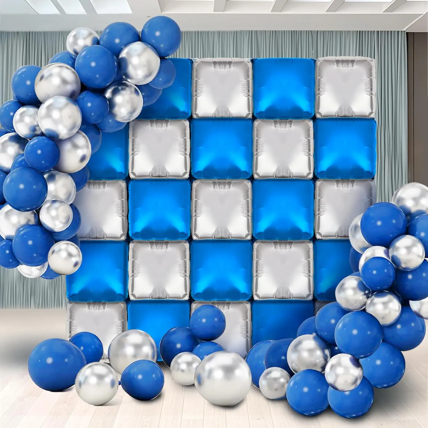 Silver & Blue Square Foil Balloon Wall Kit Metallic Mylar Garland for Graduation & Party Decor