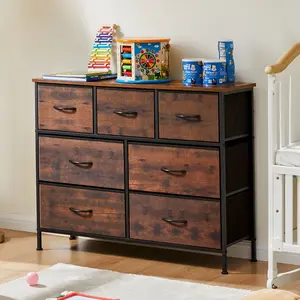 7-Drawer Fabric Bin Storage Organizer - Tall Steel Frame Modern Neutral Multifunctional Cabinet, Dressers, Drawer Chest Sideboard, Bedroom Room Organization Indoor Furniture