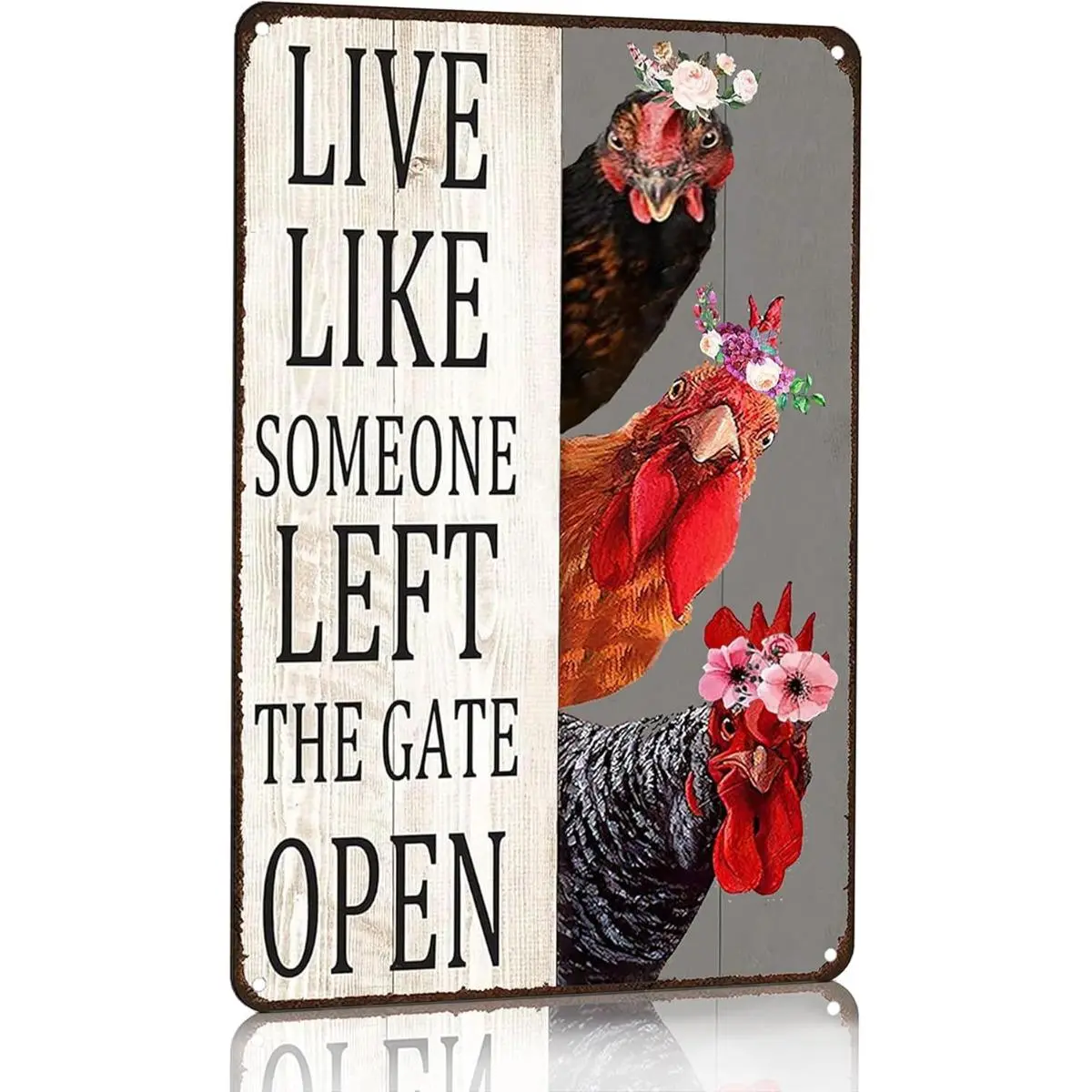 8x12 Inch Vintage Floral Chicken Metal Tin Sign, Live Like Someone Left The Gate Open Funny Farm Plaque, Rustic Farmhouse Kitchen Coop Wall Decor, Cute Gift For Chicken Lovers