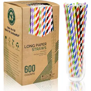 10 inch Long Disposable Paper Straws Bulk for Drinking - Unwrapped, 8 Assorted Colors [600 Counts]