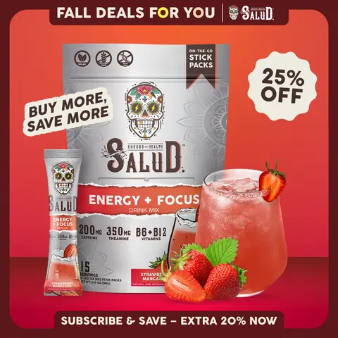 Salud 2-in-1 [Energy + Focus - Strawberry Margarita] Clean Energy Drink Mix, Agua Fresca, Organic Caffeine, B6 & B12, L-Theanine, Drink Packets, Non-GMO, Gluten Free, Vegan, Low Calorie, 1g Sugar (15 Servings)