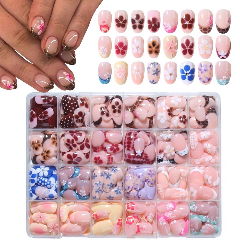 576 Piece Acrylic Press-On Nails Set, Short Oval Leopard French Flower Bow Design, Easy Wear Nail Art for Women Girls, Acrylic Fake Nails