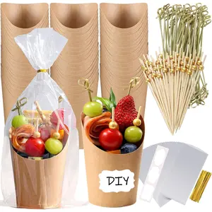 Charcuterie Cups Disposable 100 PCS with 200PCS Skewers, 100PCS Bags, 100 Label Sticks, 12 oz Kraft Paper Snack Boxes Appetizers Cup French Fry Holder with Gold Cocktail Toothpicks Tooth Picks