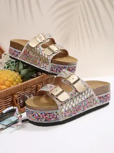 Y2K Rainbow Sequin Boho Rhinestone Resort Style Women's Thick Sole Sandals, Fashion Buckle Flip Flops, Casual PU Material, Below Ankle Height