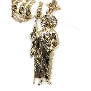 Gold Plated Big Saint Jude Pendant Necklace Figaro 26" San Judas Tadeo Medalla XL Cadena Oro