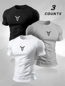 Men's Bull Logo Print Fitness Tight Short Sleeve T-Shirt, Stretch Quick-Dry, American Sports Style, Multi-Color Set, Summer Training Essential