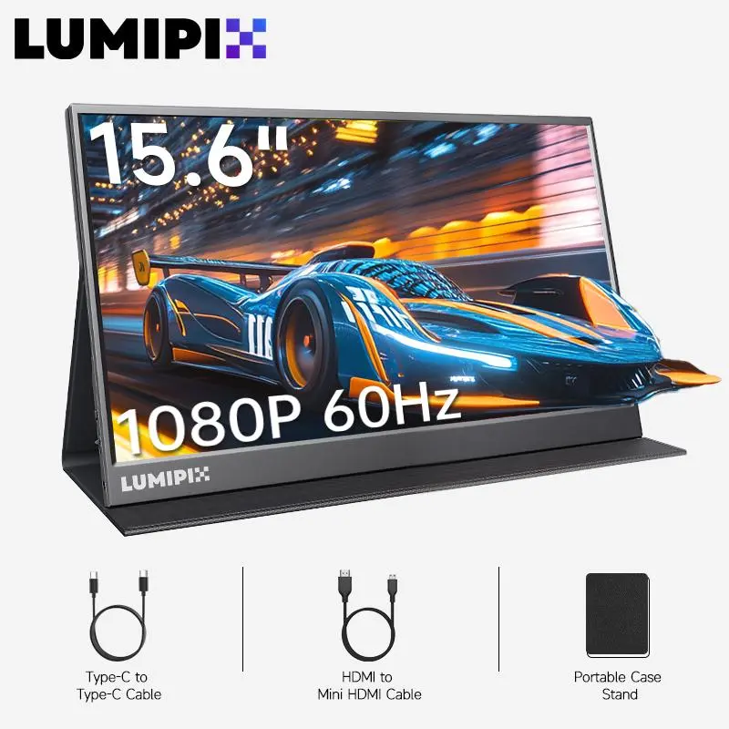 LUMIPIX 15.6" FHD 1080P IPS 60Hz Portable External Monitor with Aluminum Alloy Frame, USB-C, HDMI, Ultra-Slim PC Accessory, Smart Cover, Speakers, Gift Protective Case for Laptops, PS5 Gamers