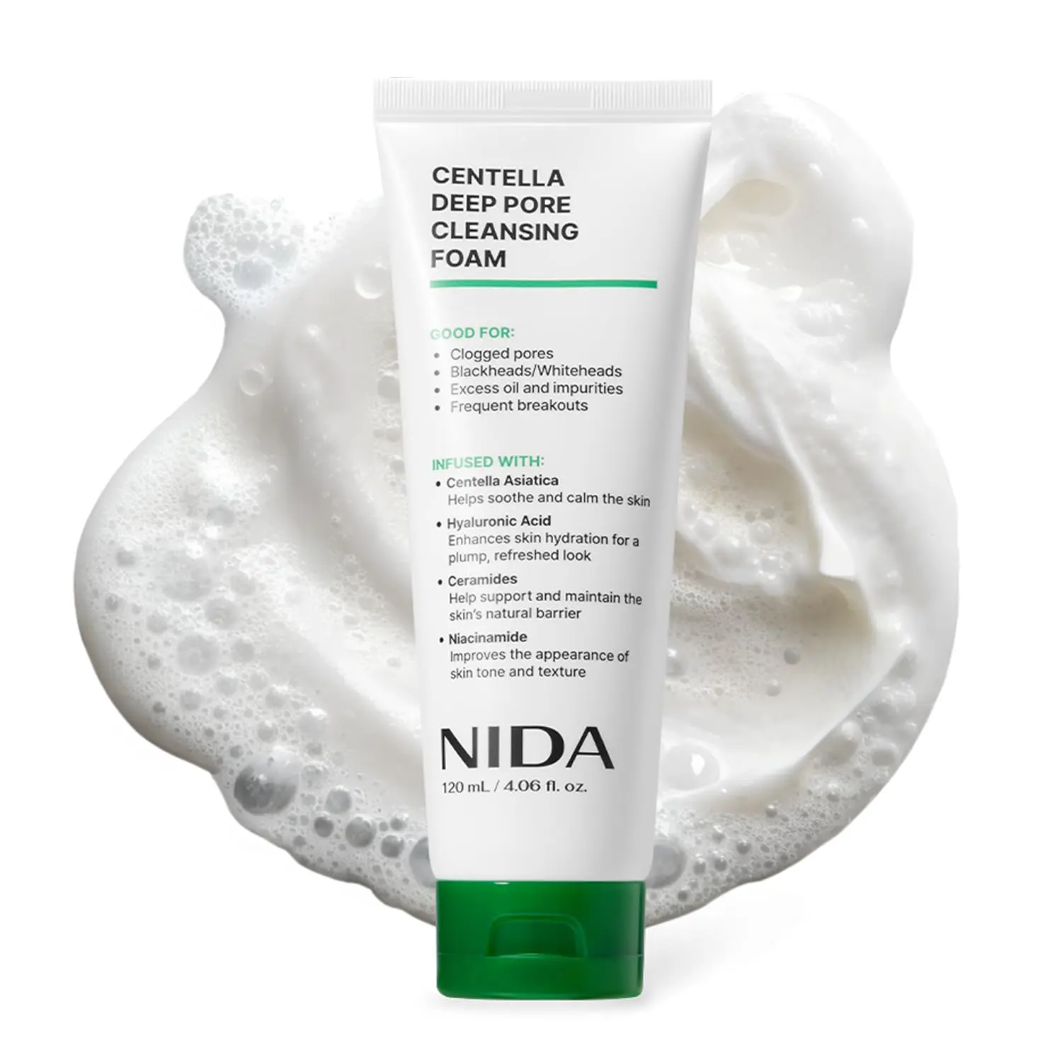 NIDA Centella Deep Pore Cleansing Foam | Centella Asiatica, Hyaluronic Acid, Ceramides, Niacinamide | Clogged Pores, Blackheads/Whiteheads, Good for Impurities & Breakouts | 4.06 oz., 120ml