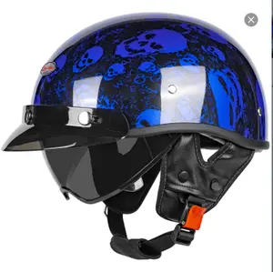 KAESE DOT Approved Skull Graphic Half Helmet, Retro Open Face Motorcycle Helmet with Drop-Down Sun Visor & Quick Release Buckle