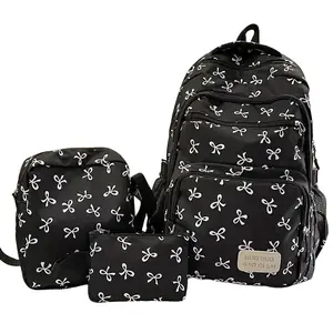 New Three Piece Bowknot Backpack Set School Backpack Travel Bag Stylish Shoulder Bag Pen Case Random Print High Quality