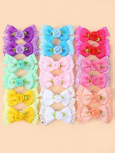 18pcs/6pcs Onion Powder PU Leather Double Layer Bow Rose Hair Clips, Elegant Women Girls Bangs Clips, Perfect for Festive Parties Daily Use, Flower Hair Clip