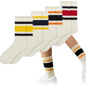 4 pairs of striped crew socks, women's retro sports socks, casual elastic novelty socks, unisex, multi-color