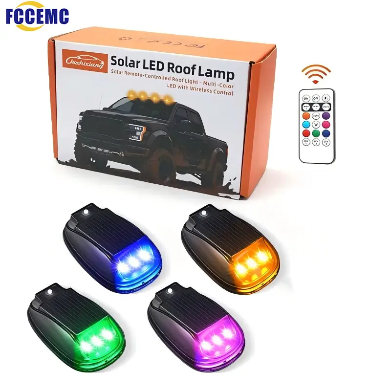 Solar Car Roof RGB Strobe Light With Remote Control Cab Signal Lamp Wireless No Punch LED Truck Pickup Warning Lights for Camping Enhanced Night Visibility & Interior Lighting