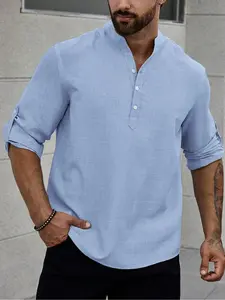 Men's solid-colored long-sleeve top, Shirt: slim stand collar with half-placket & three neckline buttons, adjustable sleeve length, drop-shoulder fit, lightweight drapey texture. Versatile for all seasons, ideal for daily casual, light business