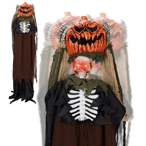 VINGLI Life-Size Standing Animatronic Pumpkin-Head Ghost Figure - Halloween Decorations and Ornaments, Single Unit Sound-Activated Haunted House Prop, Outdoor Indoor Decorative Party Decorations with Spooky Eyes & Sounds for Garden Lawn