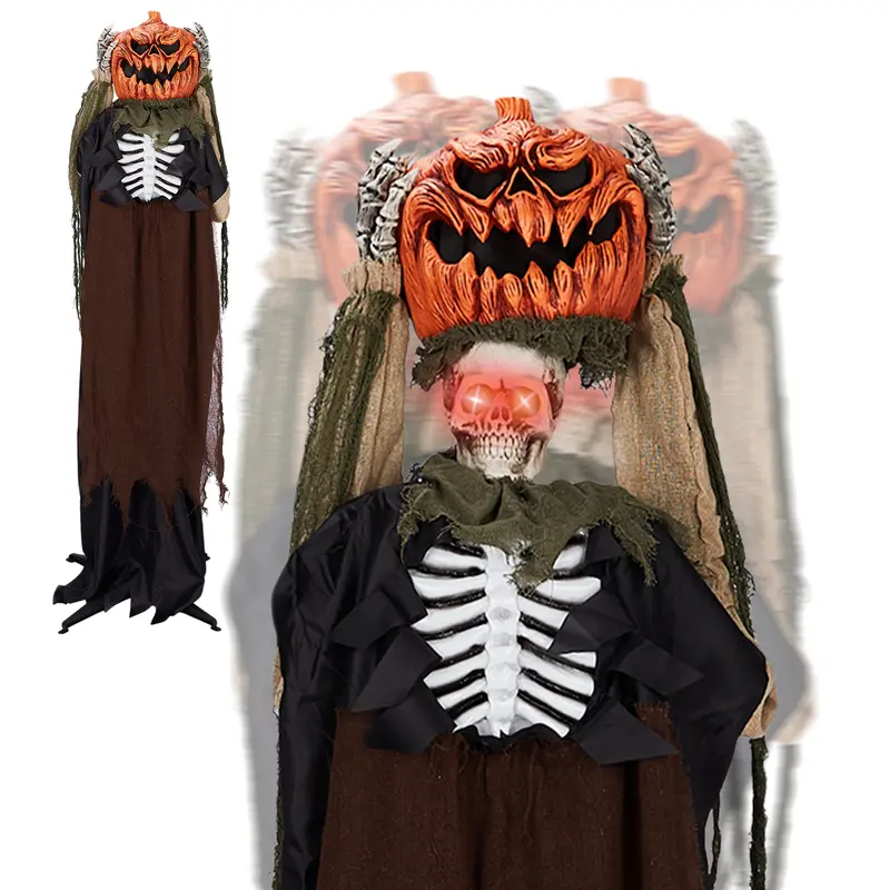 VINGLI Life-Size Standing Animatronic Pumpkin-Head Ghost Figure - Halloween Decorations and Ornaments, Single Unit Sound-Activated Haunted House Prop, Outdoor Indoor Decorative Party Decorations with Spooky Eyes & Sounds for Garden Lawn