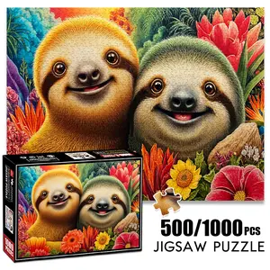 1pc 1000 piece adult puzzle 70x50cm Two Smiling Sloths Surrounded by Tropical Flowers 500 pieces paper jigsaw puzzle suitable for DIY creative games for adults and families, birthday and holiday stre