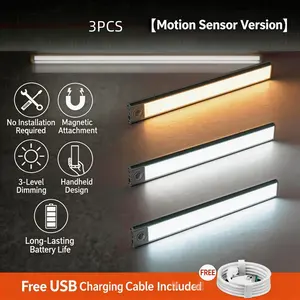 Smart Motion Sensor LED Closet Light Strip, Rechargeable Wall-Mounted Design, 3 Color Temperatures, Infrared Sensor, Bedroom Office Wardrobe, Indoor Lighting