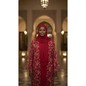 Baraka Luxury Floral Rahma 4-piece Abaya in Red with Open Floral Lace Design, Bell Sleeves, and Coordinating Hijab for Special Occasions