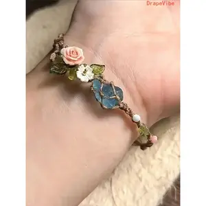 Handmade Bohemian Floral Bracelet With Synthetic Gemstones And April Birthstone Light Ocean‑Style Jewelry For Daily Wear And Party Occasions