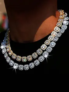 Men's Hip Hop Street Party Iced Out Jewelry, Full Diamond Square Zircon Cuban Chain Necklace, Unique Men's Fashion Accessory, Trendy Gift Idea