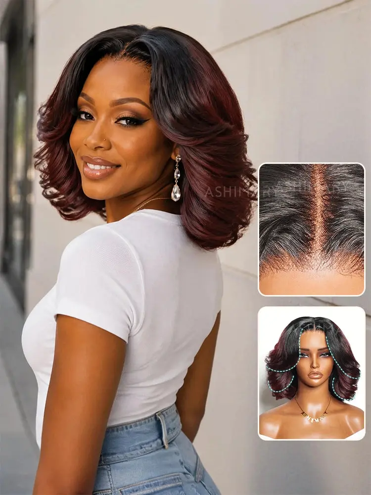 Burgundy with Dark Roots Vintage Curls Bob 5x5 Lace Glueless Layered Blowout Human Hair Wigs