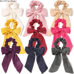 Retro-Style Faux Silk Scrunchie — Detachable Hair Accessory with Bow and Streamers (Crinkled Satin Fabric)