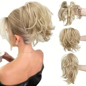 [Short Wavy Blonde Ponytail Extension] Versatile Blonde Claw Clip Ponytail Extension - Short, Wavy & Curly Synthetic Hairpiece, Bendable Metal Design for Effortless Styling, Ideal for Diverse Women's Hairstyles, Ponytail Hair Extensions