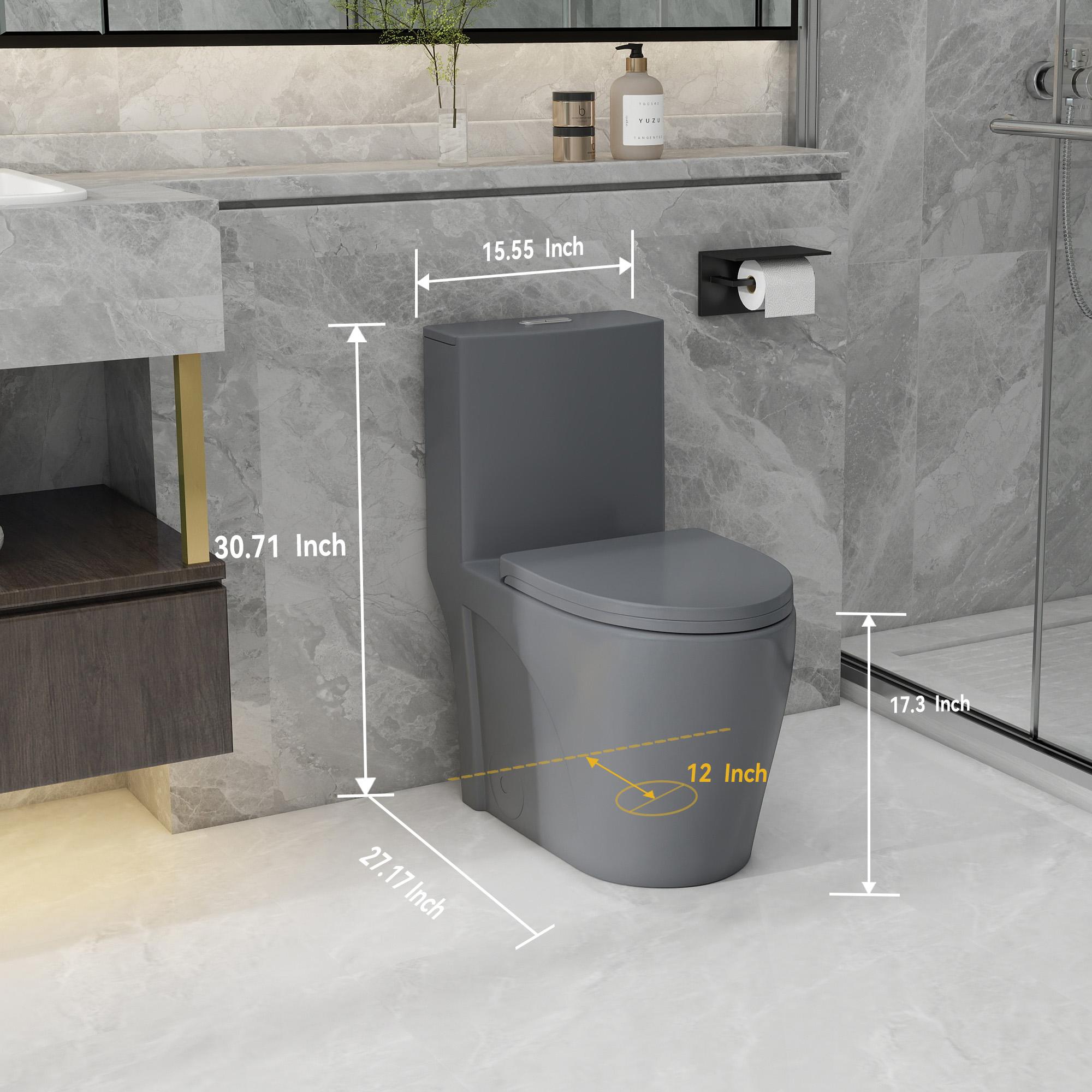 Light Grey Minimalist One-Piece Elongated Ceramic Toilet, 17"ADA Compliant Comfort Height, WaterSense 1.1/1.6 GPF Dual Cyclone Siphonic Dual Flush, 12" S-Trap, Soft-Close Seat