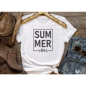 Women's summer lifestyle and vacation vibes Graphic T-Shirt - Short Sleeve Crew Neck Regular Fit Casual Wear | Soft & Breathable Fabric, Durable Print, Everyday Comfort, Machine Washable, casual and trendy summer fashion flat lay of summer clothing and