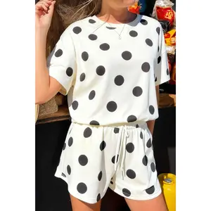 Women's 2-Piece Casual Cute Soft Short-Sleeve Black Polka Dot Print Loose Tee & Drawstring Elastic Waist Shorts Set, Fit for Daily Wear