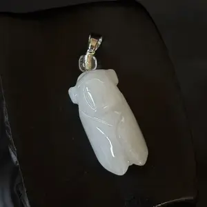 Natural White Jade Jadeite Pendant Charm Carved 'Cicada', 25x12mm, Free Necklace