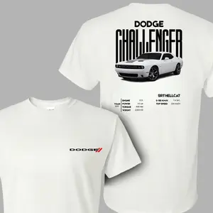Dodge Challenger T-Shirt, SRT Hellcat Graphic Tee with Bold Back Print of White Challenger and Performance Specs, Front Dodge Logo, Soft Cotton Blend Streetwear, Automotive Lifestyle Apparel for Men and Women, Gift for Car Enthusiasts