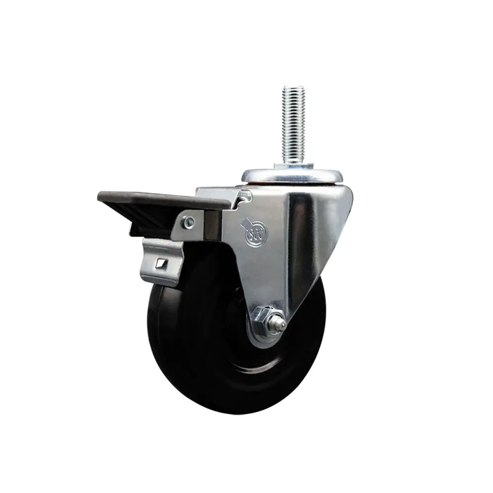 212 MAIN Threaded Stem Mount Swivel Caster with Posi-Lock Brake, Ball Bearings, 4x1.25 in Black Hard Rubber Wheel, 0.63 in Stem, 300 lbs Capacity, SCC-TS20S414-HRS-PLB-58212 Model for Material Handling Equipment, Shop Projects