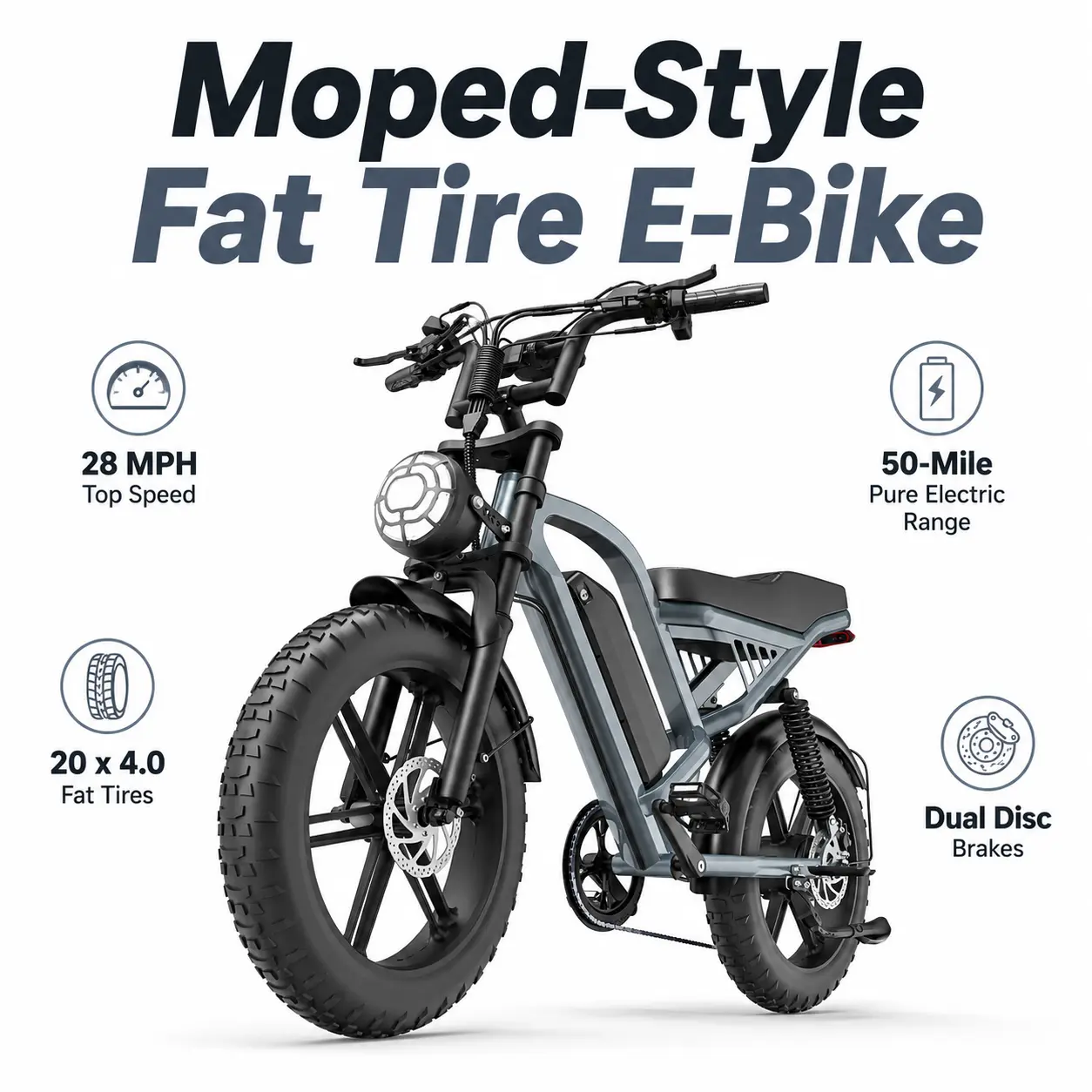 Adult 2000W Peak Fat Tire Electric Bike, 28 MPH Top Speed, Up to 50 Mi Pure Electric Range, 20”x4.0” Wide Tires, Front & Rear Suspension, Dual Disc Brakes, 360 LBS Capacity All-Terrain Off-Road E-Bike Original ebike retro