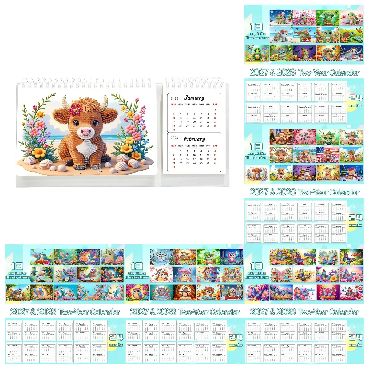 DIY Rhinestone Full Diamond Painting Desk Calendar Kit 2027-2028, Medium Size Crafting Paper Kit with Tools, Jan 2027-Dec 2028 Coverage, 13 Exquisite Illustrations, Writable Schedule Area, Stable Vertical Base, Back to School Office Handmade Ornament Gift