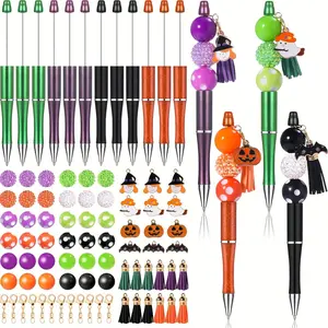 56pcs Halloween bead pen set, including 8 ballpoint pens, 8 Halloween pendants, 24 beads, 8 tassels, and 8 lobster clasps, DIY pen making kit, black ink bead gift kit, school office supplies