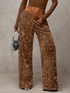 Women's Fashion Elastic Waist Pants with Bow Detail, Sequin Decoration, Elegant Shiny Long Pants, Casual Wear, Stylish and Comfortable Bottoms, Womenswear