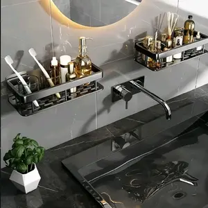 Stainless Steel Modern Bathroom Sink Organizer Racks Rust Resistant Wall Mounted with 2 Tier Shelves Space Saving Corner Storage for Shower Bathtub Accessories Black Shower Caddies