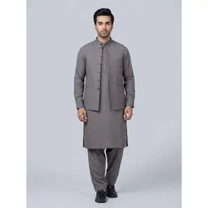 Men's 3-Piece Wash-and-Wear Qameez Shalwar Set with Matching Waistcoat, Long Sleeve Menswear Clothes, Tropical Fabric