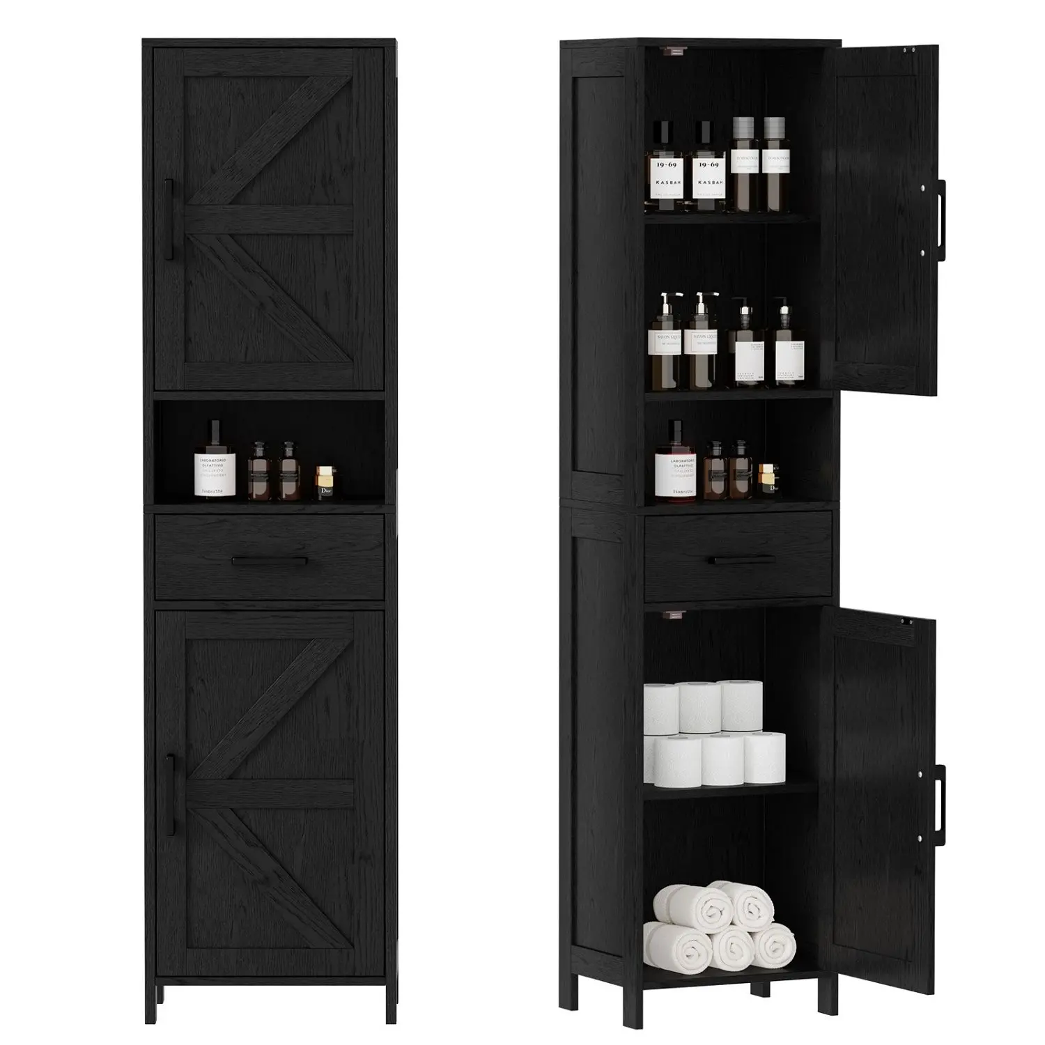 67" H Tall Bathroom Storage Cabinet with 2 Barn Doors and 1 Drawer, Narrow Storage Unit, Adjustable Shelves, Floor Cabinet for Bathroom, Living Room, Entryway, Kitchen, White, (11.8" W)Tall Narrow Storage Cabinet, 2 Barn Doors with Drawer