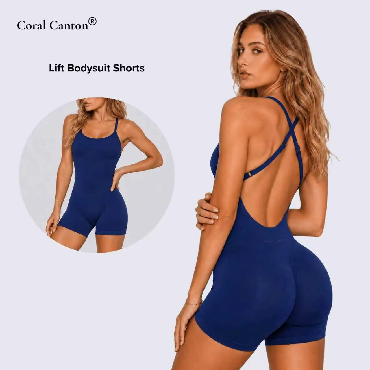 Coral Canton Women's Solid Color Cross Back One Piece Shorts Romper, Soft Stretchy Slim Fit Open Back Athletic Jumpsuit for Summer Running, Yoga, Gym & Fitness BackToSchool