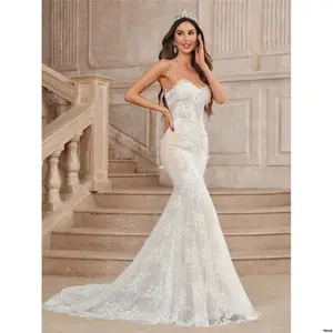 Bride BoningAndScallopedHemline tiktokBelleElegantAndGorgeousSexyStraplessDressWithColorblockContrastLaceDetailingAndAClassicFrenchStyleSheerLaceBodice FishnetTulleMermaidDressWithLongTrainWeddingDressWhiteBridalDress