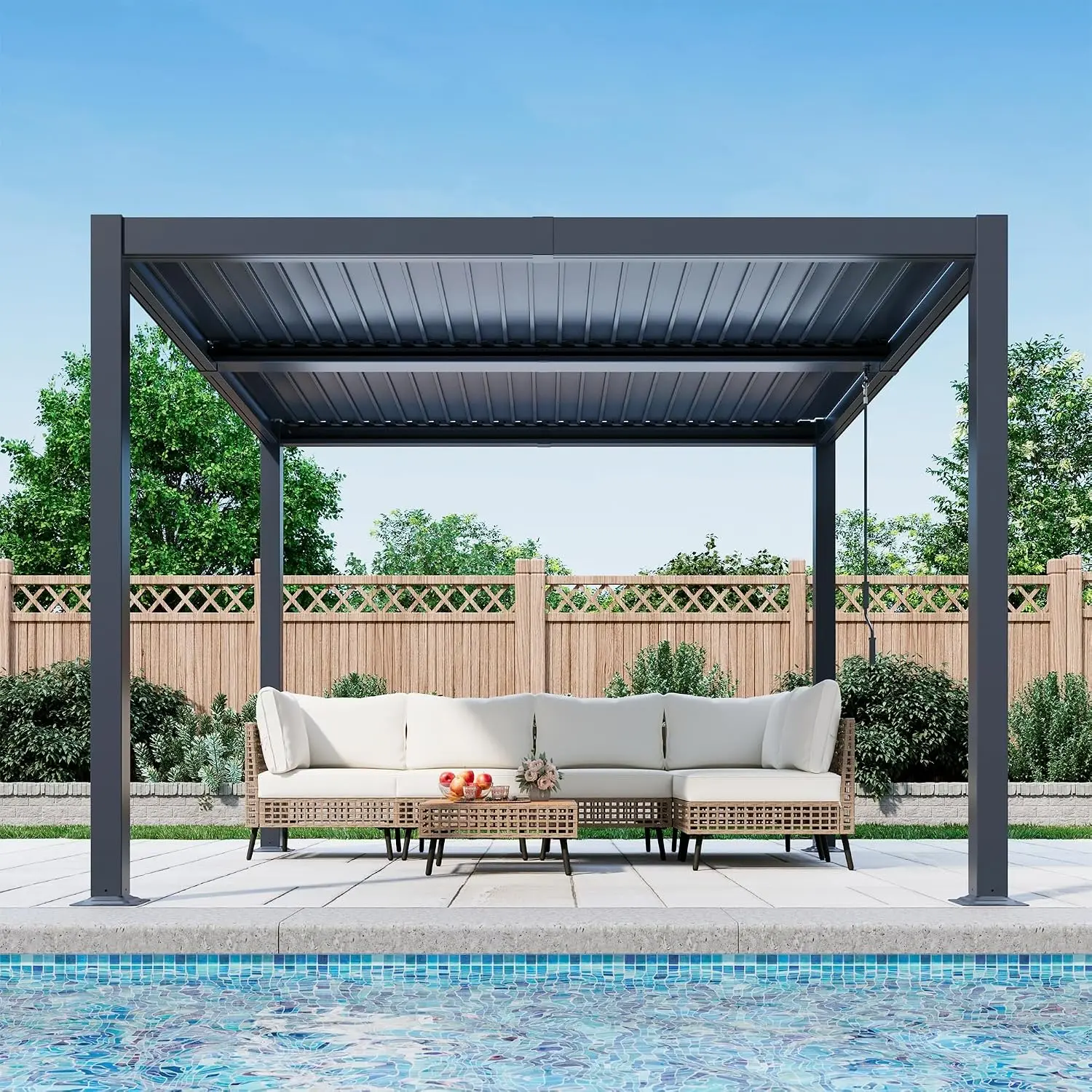 LAUSAINT HOME Louvered Pergola, Adjustable Aluminum Pergola with Integrated Drainage System, Heavy-Duty Outdoor Gazebo with Privacy Curtain & Mosquito Netting for Patio Backyard Deck, Black