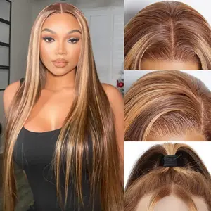 4/27 Highlight Ombre Bone Straight Glueless Wigs Human Hair 6x4 Ready To Wear Brazilian Honey Blonde Colored Straight 4x6 HD Lace Closure Wigs Human Hair For Women Pre Plucked 180%