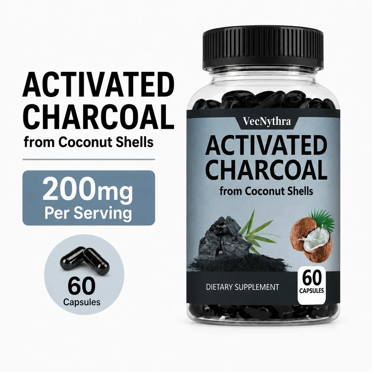 VecNythra Activated Charcoal Pills | 200 mg | Activated Charcoa l from Coconut Shells | Digestive Health Support l 60 Capsules