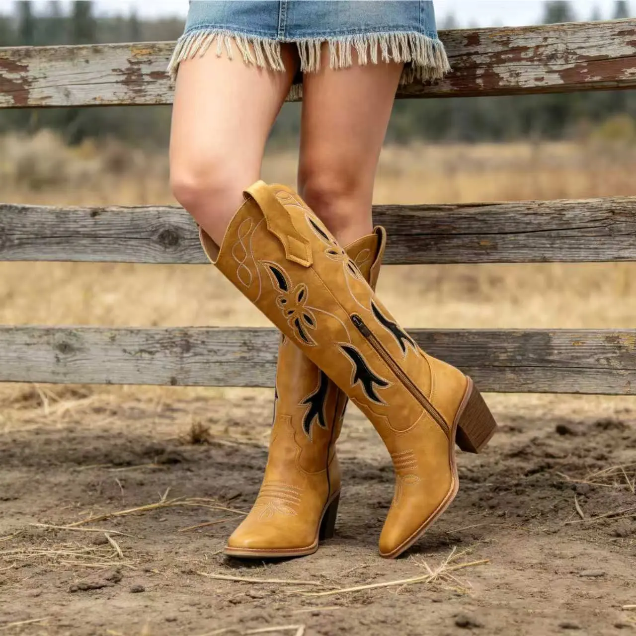 FREECHICC Women's Leather & Imitation PU Wide Calf Cowboy Boots - Square Toe, Embroidered Mid-Calf, Chunky Heel, Invisible Height Enhancement, Zipper Fast On/Off, Floral Openwork, Classic Casual Wear Western Walking Shoes for Country Concert