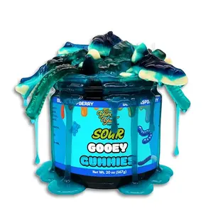 BIG SALE !! Sour Gooey Gummies, Sour Blue Raspberry Candy, Gummy Candy Mix, Ooze Sticky Gummies, Liquid Chewy Sweet Treat Resealable Container